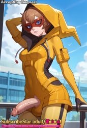 ai_generated closer curvy curvy_figure futanari hoodie huge_ass huge_balls huge_breasts huge_butt huge_cock huge_cock legs legs_apart motoha_arai penis persona persona_5 persona_5:_the_phantom_x sweat testicles