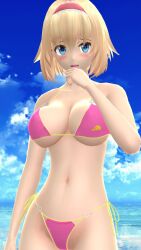 1girls 2023 3d adult_female alice_margatroid beach belly_button bikini blonde_hair_female blue_eyes blue_sky blush breasts clavicle cleavage clouds hand_on_mouth hati_yukkuri_mmd headband hips human light-skinned_female looking_at_viewer mmd one_arm_up open_mouth outdoors pink_bikini short_hair_female shy sky solo_female solo_focus swimsuit touhou waist water