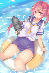 backpack bag female i-168_(kantai_collection) innertube kantai_collection kutan long_hair missile no_pants personification pink_hair ponytail red_eyes school_swimsuit school_uniform serafuku solo swimsuit tied_hair