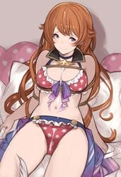 bikini breasts brown_hair cum cum_on_body cum_on_hair cum_on_upper_body female granblue_fantasy hanarito highres lecia_(granblue_fantasy) long_hair navel polka_dot polka_dot_bikini purple_eyes solo swimsuit