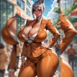 1girls ai_generated big_breasts cleavage curvaceous earrings female female_focus glasses hair_bun hand_on_hip large_breasts light-skinned_female light_skin looking_at_viewer nothumanart pantsuit people_in_background posing prison_school shiraki_meiko standing thick thick_thighs voluptuous voluptuous_female white_hair wide_hips