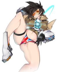 1girls breasts brown_hair covered_nipples erect_nipples female female_only gloves goggles grin jacket large_breasts looking_at_viewer no_pants overwatch overwatch_2 panties print_panties puffy_nipples short_hair slugbox smile solo spread_legs teeth thigh_strap tracer underwear union_jack union_jack_bikini union_jack_tracer