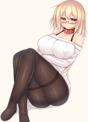 1girls bare_shoulders blonde_hair blush bra breast_hold breasts brown_eyes collar collarbone covered_nipples erect_nipples female glasses huge_breasts kubiwa_(kutan) kutan legs original pantyhose ribbed_sweater shirt simple_background sitting solo sweater underwear white_background