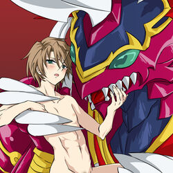 1boy abs blush brown_hair cardfight!!_vanguard green_eyes kai_toshiki lifting male_only monster muscle nipples size_difference sweat tagme