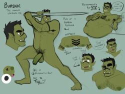 balls body_hair character_sheet flaccid male male_only nude orc penis solo solo_male speech_bubble sword terratauren vore vore_belly