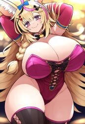 ai_generated animal_ears arms_up big_breasts blonde_hair breasts cleavage corset curvy hands_behind_head hololive huge_breasts large_breasts long_hair looking_at_viewer nai_diffusion omaru_polka pink_eyes smile smug stable_diffusion thick thick_thighs thighhighs virtual_youtuber