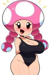 1girls aged_up ai_generated arms_behind_back big_breasts black_eyes breasts female_focus mario_(series) mushroom_humanoid nintendo novelai one-piece_swimsuit pink_hair simple_background super_mario_bros. toadette twin_braids white_background