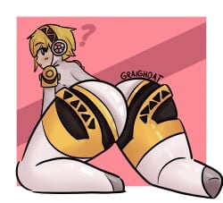 1girls ? aigis_(persona) ass ass_focus blonde_female blonde_hair blue_eyes blush blush female female_only graighoat looking_at_viewer no_feet no_humans non-human persona persona_3 pink_background robot robot_girl simple_background thick_ass thick_thighs thighs white_skin