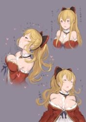 1boy bare_shoulders blonde_hair breasts cleavage closed_eyes cum cum_on_body cum_on_breasts cum_on_upper_body granblue_fantasy hair_ribbon hanarito highres male multiple_views partially_translated ponytail red_eyes ribbon text tied_hair translation_request vira_lillie