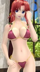 1girls 2023 3d belly_button bikini blue_eyes blue_sky breasts cleavage clouds curtains curtains_open earrings green_bowtie hati_yukkuri_mmd hong_meiling indoors light-skinned_female looking_at_viewer mansion mmd one_arm_up open_mouth red_bikini red_hair_female sky solo_female solo_focus swimsuit tied_hair touhou trees window yellow_ribbon youkai