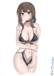 absurdres bikini black_bikini blue_hairband blush breasts brown_hair cleavage dr.plankton female green_eyes hairband highres kantai_collection looking_at_viewer mogador_(kantai_collection) solo swimsuit