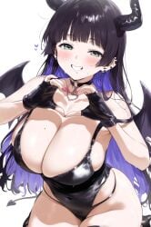 ai_generated bare_breasts bare_shoulders bare_thighs beauty_mark big_breasts black_bra black_hair black_heels black_legwear black_leotard blue_hair blush bocchi_the_rock! bra bursting_breasts choker choker_charm cleavage demon demon_girl demon_tail demon_wings demoness ear_piercing ear_stud earrings fingerless_gloves g-string gigantic_breasts gloves gothic green_eyes halloween hands_making_heart heart heart_cutout heart_gesture hearts huge_breasts huge_thighs large_breasts leotard light-skinned_female light_skin long_hair looking_at_viewer massive_breasts mole mole_on_breast multicolored_hair oiled_body oiled_skin overflowing_breasts pa-san piercing purple_hair rosy_cheeks smile smiling smiling_at_viewer solo_female squatting strap_slip succubus succubus_horns sweat sweatdrop sweater sweating sweaty sweaty_breasts swimsuit tarte_(artist) thick_body thick_female thick_thighs thighs thong thong_leotard two_tone_hair voluptuous voluptuous_female