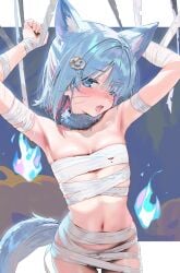 armpits blue_eyes blue_hair bondage bondage bound breasts collar commentary_request female highres indie_virtual_youtuber kanzarin kanzarin_(vtuber) medium_hair navel open_mouth small_breasts solo tail thigh_gap virtual_youtuber zettai_ryouiki