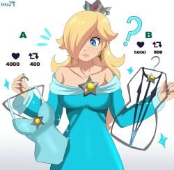 1girls ? absurd_res blonde_hair blue_eyes crown female female_only hair_over_one_eye karbuitt long_hair mario_(series) nintendo princess_rosalina sling_swimsuit solo strip_game super_mario_galaxy swimsuit twitter_strip_game_(meme) white_background