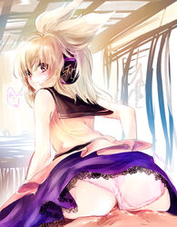 1boy ass bare_shoulders blonde_hair closed_mouth clothed_female_nude_male cowgirl_position cowgirl_position cum expressionless female from_behind headphones leaning_forward makuwauri nude panties panties_aside pink_panties pointy_hair purple_skirt sailor_collar sex shirt short_hair sketch skirt solo_focus speech_bubble straddling talking text touhou toyosatomimi_no_miko translation_request underwear upskirt yellow_shirt