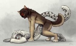 2017 5:3 ambiguous_gender ambiguous_penetrated ambiguous_penetration anchee anthro anthro_on_anthro anthro_penetrated anthro_penetrating anthro_penetrating_anthro ass ass_up bodily_fluids brown_body brown_fur canid canine canis claws closed_eyes cum cum_inside digital_drawing_(artwork) digital_media_(artwork) doggy_style duo erection fangs felid female_(lore) fluffy fluffy_tail from_behind_position fur genital_fluids genitals grey_body grey_fur hair looking_pleasured lying male male/ambiguous male_penetrating male_penetrating_ambiguous mammal natasha_(phyerphox) nude on_front open_mouth pantherine paws penetration penis pillow raised_tail sex signature snow_leopard tail teeth tongue whiskers wolf