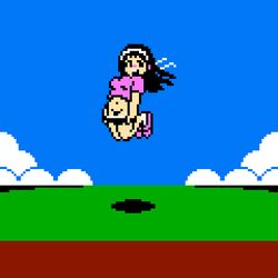 8-bit aliasing bangs black_hair breasts buruma buruma_pull cloud coconuts_japan famicom female flashing gym_uniform i_love_softball jumping large_breasts long_hair looking_at_viewer nes outdoors pixel_art saiwai_hiroshi shadow sky smile solo