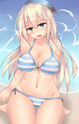 atago_(kantai_collection) beach bikini blonde_hair breasts cleavage female green_eyes hair hat headgear kantai_collection kutan large_breasts long_hair personification solo swimsuit