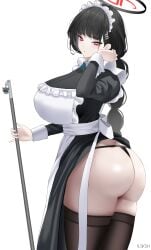 big_ass big_breasts black_hair black_panties blue_archive hair_ornament hairclip halo ilsksh large_breasts long_hair maid_headdress maid_uniform red_eyes rio_(blue_archive) thighhighs