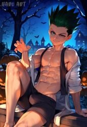 abs ai_assisted ai_generated bulge gay gon_freecss green_eyes green_hair halloween halloween_costume halloween_decoration halloween_theme haruartx hunter_x_hunter male male_focus male_only muscular_male pumpkin pumpkin_head revealing_clothes topless topless_male yaoi