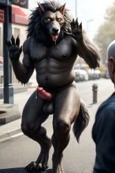 ai_generated anthro balls belly canid canine canine_genitalia canine_penis claws digitigrade hands human male mane muacles nipples paws precum saliva street surprised_expression tail toe_claws toes tongue werewolf yellow_eyes