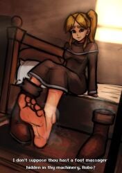 1girls blonde_hair boots chrono_(series) chrono_trigger dialogue dress english_text female female_only fiona_(chrono_trigger) foot_fetish looking_at_viewer musk_clouds musky_feet presenting_feet shoe_removed smelly_boots solo solo_female switchlaid text