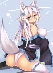 animal_ears ass bare_shoulders blue_eyes blush breasts covered_nipples erect_nipples female fox_ears fox_tail inari kutan large_breasts long_hair looking_at_viewer looking_back mizu_aoi mizuki_(kutan) original panties partially_visible_vulva pinwheel puffy_nipples silver_hair sitting solo tail thighhighs thighs underwear wariza wedgie white_legwear white_panties