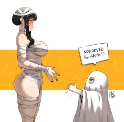 2girls alternate_costume anya_forger barely_covered black_hair female female_only ghost_costume halloween halloween_costume human jk_arts07 mummy_costume mummy_wrappings spy_x_family white_skin yor_briar