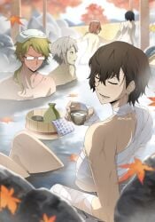 5boys atsushi_nakajima autumn_leaves back bandages bangs_between_eyes black_hair blonde_hair blurry blush blush_lines brown_hair bucket bungo_stray_dogs choko_(cup) chuuya_nakahara closed_eyes closed_mouth cup dazai_osamu depth_of_field doppo_kunikida full-face_blush glasses grey_hair holding_cup izumi_3yade leaf light_blush lower_teeth lower_teeth_only male_focus male_only medium_hair multiple_boys naked_towel nude official_style onsen open_mouth orange_hair osamu_dazai outdoors partially_submerged rock ryuunosuke_akutagawa same-sex_bathing shared_bathing short_hair sitting smile sweat towel towel_on_head water wet wooden_bucket