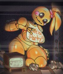 animatronic anthro avian bib bird black_sclera bottomless chromatic_aberration clothed clothing female five_nights_at_freddy's five_nights_at_freddy's_2 genitals heart_eyes heart_symbol hi_res kneeling looking_at_viewer machine oysterkibble pussy robot solo static toy_chica_(fnaf)