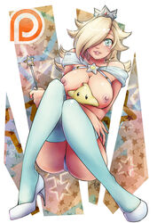 areolae bare_shoulders blonde_hair blue_eyes breasts crown earrings female gradient gradient_background hair_over_one_eye high_heels lips lips_parted looking_at_viewer luma mario_(series) nintendo nipples panties parted_lips princess_rosalina super_mario_galaxy tetisuka thighhighs topless wand