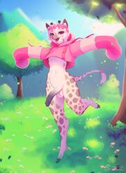 absurd_res anthro balls bottomless clothed clothing detailed_background digital_media_(artwork) femboy flower flower_crown forest forest_background fur genitals giraffe giraffid hair hi_res leonard_(liglig) male mammal nature nature_background nipples nude outside penis plant shirt smile solo sunshiu tail tongue topwear tree