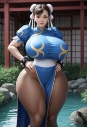 ai_generated bangs blue_dress bracelet breasts brown_eyes brown_hair brown_pantyhose bun_cover china_dress chinese_clothes chun-li closed_mouth curvy double_bun dress earrings female hair_bun hands_on_hips huge_breasts jewelry juiceshopai lips looking_at_viewer makeup outdoors pantyhose pelvic_curtain puffy_short_sleeves puffy_sleeves rock sash short_hair short_sleeves smile solo spiked_bracelet spikes standing street_fighter thick_thighs thighs water wide_hips