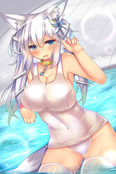 animal_ears blue_eyes collar dog_collar feet_in_water female fox_ears fox_tail kutan long_hair mizu_aoi mizuki_(kutan) one-piece_swimsuit original pool school_swimsuit soaking_feet solo swimsuit tail thighhighs tied_hair twintails wading water white_hair white_school_swimsuit white_swimsuit