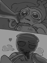 2boys artist_name:taangdang before_sex bite_mark blush dandy's_world dandys_world dubious_consent finn_(dandy's_world) grayscale gripping_pillow holding_cheek holding_condom inverted_nipples lifted_shirt lifting_leg open_condom_wrapper panting questionable_consent roblox roblox_game self_upload shrimpo_(dandy's_world) sketch smug_face sucking_nipple tears yaoi