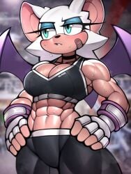 1girls abs bare_arms bare_shoulders bat bat_girl bat_wings big_breasts blue_eyes clothed clothing color female female_focus female_only fit_female gym gym_clothes hi_res large_breasts light-skinned_female light_skin muscles muscular muscular_arms muscular_female roadi3 rouge_the_bat solo solo_female sonic_(series) tagme thick_thighs