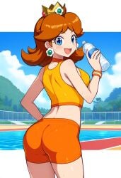 ai_generated mario_(series) nintendo panties_visible_through_clothing pantylines pool poolside princess_daisy solo solo_female super_mario_bros. water_bottle