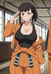 1girls ai_generated aindroidparanoid big_breasts black_hair breasts cleavage curvy_figure enen_no_shouboutai female female_only fire_force hips huge_breasts human indoors large_breasts long_hair narrow_waist nipples oze_maki purple_eyes soldier solo stable_diffusion tank_top wet wide_hips