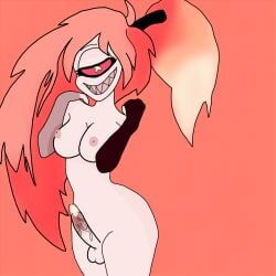 big_breasts cherri_bomb_(hazbin_hotel) cum futa_only futanari futanari_connoisseur_(artist) grin hazbin_hotel long_hair one_eye