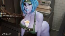 3d apron big_breasts big_penis blue_hair cock_ring coffee cum cum_in_cup cum_in_food dark-skinned_male glasses hoop_earrings lipstick naked_apron nose_ring overwatch purple_body queen_of_spades starbucks stickybuns widowmaker