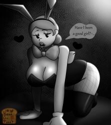 2024 2d 2d_(artwork) 2d_artwork artist_logo artist_name beanontoast big_breasts brenda_(clover) bunny_ears clover_(or3o) dialogue female grey_skin monochrome original_character playboy_bunny thick_thighs tophat