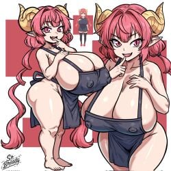 1girls apron apron_only bare_shoulders barefoot big_breasts breasts breasts_bigger_than_head cleavage dragon_girl female female_only horns huge_breasts ilulu_(dragon_maid) large_breasts miss_kobayashi's_dragon_maid naked naked_apron naked_female nipples nipples_visible_through_clothing non-human oerba_yun_fang pale-skinned_female pale_skin pointy_ears red_eyes red_hair shortstack srbready thick_thighs twintails wide_hips