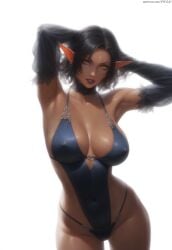 ai_generated armpits belly_button big_breasts black_hair breasts choker clothed clothing collarbone covered_nipples curvaceous curvy curvy_figure dark_elf dark_elf_female dark_skin dark_skinned_female earrings elf elf_ears elf_female erect_nipples gloves hand_behind_head hands_behind_head lace lace_trim lipstick long_gloves nai_diffusion open_mouth original original_character overflowing_breasts parted_bangs pujopg purple_lipstick revealing_clothes shoulder_length_hair sideboob simple_background solo solo_female swimsuit thong tight_clothing white_background wide_hips yellow_eyes