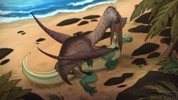 16:9 beach beak claws cloacal cloacal_penetration cloacal_penis dinosaur duo erection feral genitals green_body green_claws green_scales hadrosaurid hi_res knot male male/male moonski ornithischian ornithopod palm_tree penetration penis plant prehistoric_species pterosaur red_knot red_penis reptile rock scales scalie tree white_body white_scales widescreen