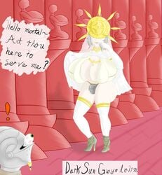 1boy 1futa angeldx big_breasts breasts dark_souls dark_sun_gwyndolin flaccid futa_focus futanari high_heels huge_breasts intersex male speech_bubble