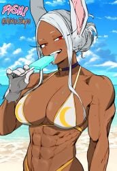 abs animal_ears artist_collaboration artist_name beach bikini blue_sky boku_no_hero_academia breasts choker cleavage cloud cloudy_sky collarbone colorized crescent_print dark-skinned_female dark_skin english_commentary female food gloves hair_bun highres holding holding_food holding_popsicle large_breasts licking long_eyelashes long_hair looking_at_viewer mirkosimps miruko muscular muscular_female navel obliques outdoors parallaxfused parted_bangs popsicle purple_choker rabbit_ears rabbit_girl red_eyes rumi_usagiyama single_hair_bun sky smile solo stomach sweat swimsuit teeth tongue tongue_out twitter_username upper_body upper_teeth_only water white_bikini white_gloves white_hair