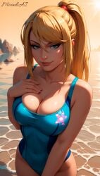 1girls abs ai_generated armwear bare_arms beach big_breasts blender blonde_hair blue_eyes breasts cleavage cleavage_overflow daytime feet_out_of_frame female female_only full_cleavage hand_on_breast human large_breasts latex long_hair mascara metroid moonliai nintendo one-piece_swimsuit outdoors outside ponytail samus_aran self_upload solo swimsuit thick_thighs water