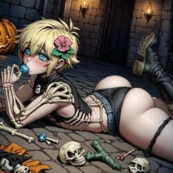 ai_generated basil_(omori) blonde_hair blue_eyes blush bone candy costume femboy goth halloween halloween_costume haloween licking male_focus omori sucking thick_thighs yaoi