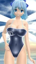 1girls 2023 3d adult_female beach belly_button bending_forward blue_eyes blue_hair_female blue_ribbon breasts cirno cleavage clouds dark_blue_swimsuit fairy hand_on_hip hati_yukkuri_mmd light-skinned_female looking_at_viewer mmd outdoors short_hair_female sky smiling_at_viewer solo_female solo_focus sunset swimsuit touhou water wings