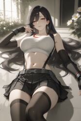 1girls ai_generated arm_guards bangs bare_midriff bare_shoulders big_breasts black_gloves black_hair black_legwear black_skirt breasts earrings elbow_gloves female female_only final_fantasy final_fantasy_vii final_fantasy_vii_remake fingerless_gloves gloves hi_res high_quality high_resolution jewelry long_hair looking_at_viewer low-tied_long_hair lying midriff navel on_back patreon seductive shirt skirt smile solo square_enix suspender_skirt suspenders tank_top thighhighs tifa_lockhart uncensored watermark